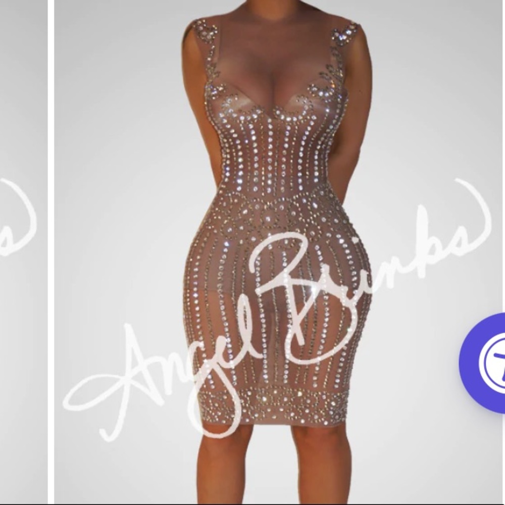 Mesh embellished with Rhinestones Nude colored Dress ✨✨
